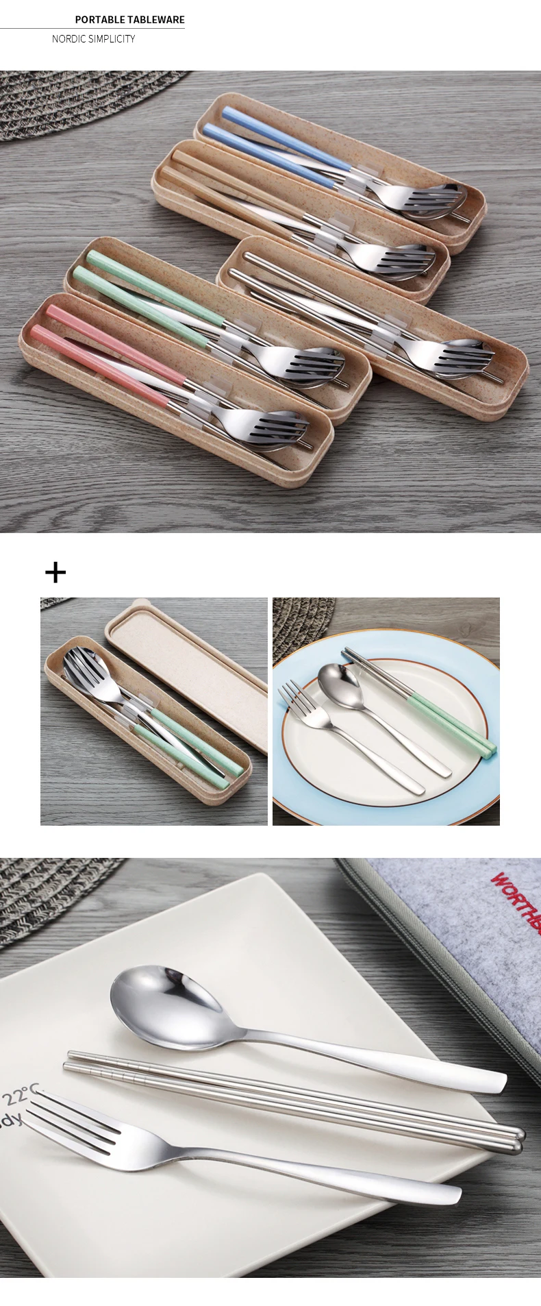 WORTHBUY Portable Dinnerware Set Stainless Steel Cutlery With Wheat Straw Handle Tableware Set For Kids School Dinner Set