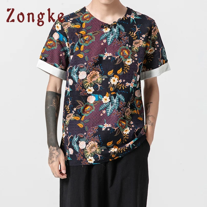 Футболка Zongke в национальном стиле мужская винтажная тенниска Харадзюку уличная