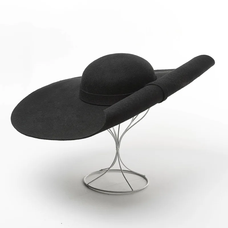 Осенне-зимняя модная черная шапка, большой Топ, зимние шерстяные шапки, женская шляпа-федора, женские шляпы с широкими полями