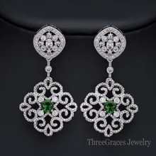 Elegante Banquete de Boda Mujeres Joyería Oro Blanco Plateado Zirconia Cúbico Nupcial Largo Grande Cuelga Los Pendientes Con Cristal Verde ER224