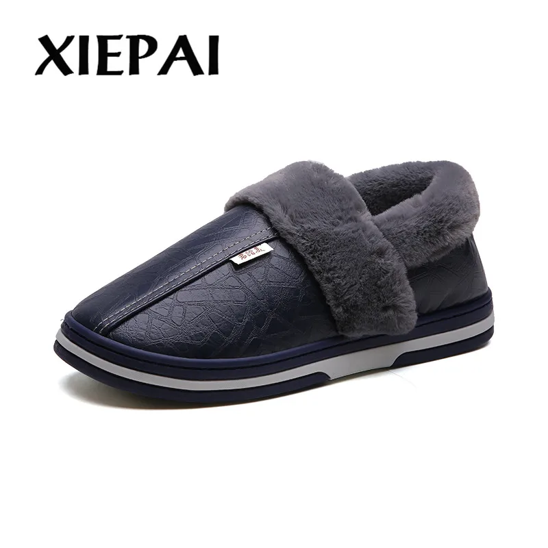 

XIEPAI Winter house slippers men leather plush male shoes waterproof plus size 41-46 anti dirty warm slippers package non-slip