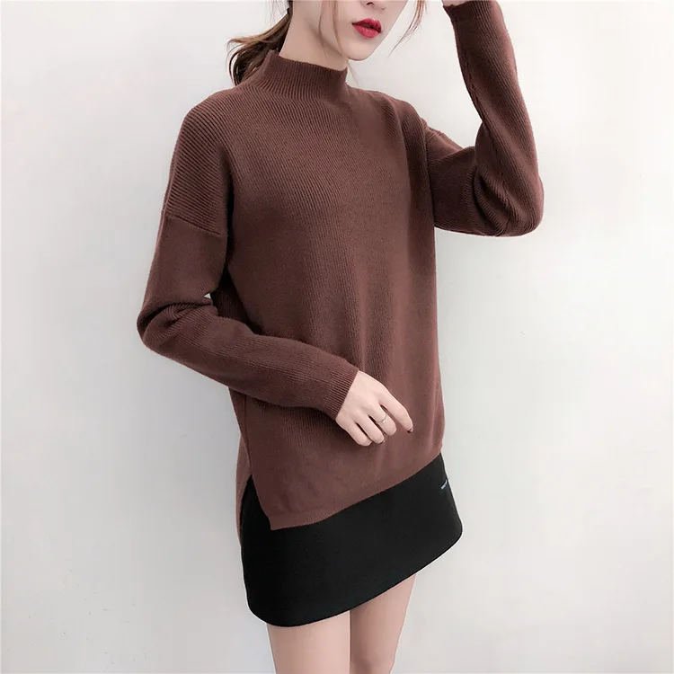 Slashed Hem Half Turtleneck Sweater Women Blouse Knit Sweater Pullover Jumpers Ladies 2018 Fall Winter Basic Loose Thick Tops