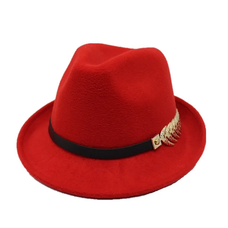 Seioum Европейский Американский рулон с узкими полями шерстяная фетровая шляпа для мужчин женщин тренд унисекс мягкая фетровая шляпа в джазовом стиле шляпа с поясом металлический джентльмен - Цвет: red