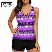 Купальный костюм танкини с принтом сердца фиолетового цвета из двух частей, купальный костюм, женское бикини танкини больших размеров, набор, Купальники Большие размеры, купальный костюм