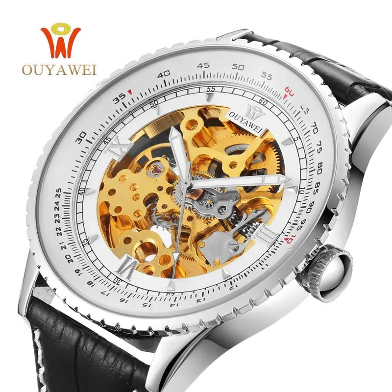 

OUYAWEI Men Mechanical Watch White Creative design dial Skeleton automatic Watch Top Brand Luxury Leather Wristwatch Male Clock