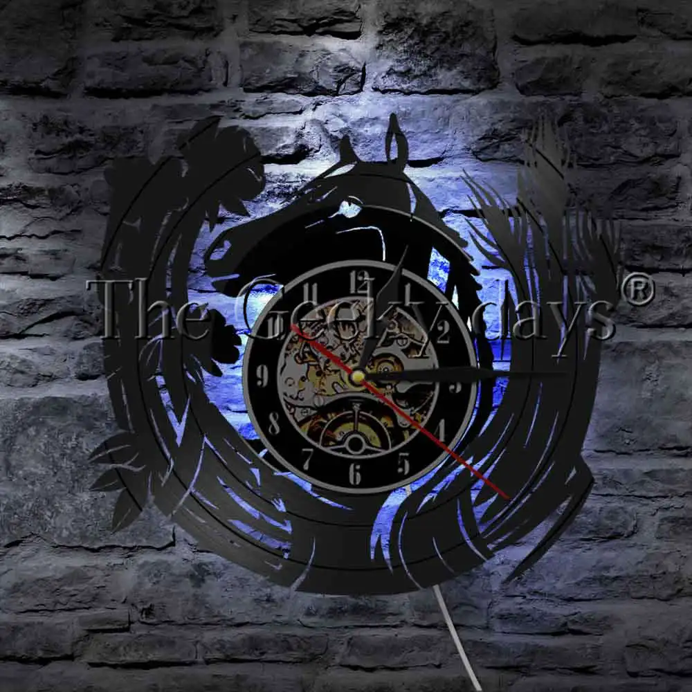 Black Running Horse Led Light Vinyl Record Wall Clock Modern Wall Lamp