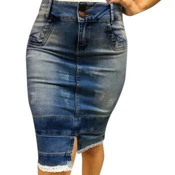 

Womail Summer High Waist Denim Skirts Women Ripped Destroyed Bodycon Jeans Skirts Knee-Length Sexy High Slit Skirts Plus Size