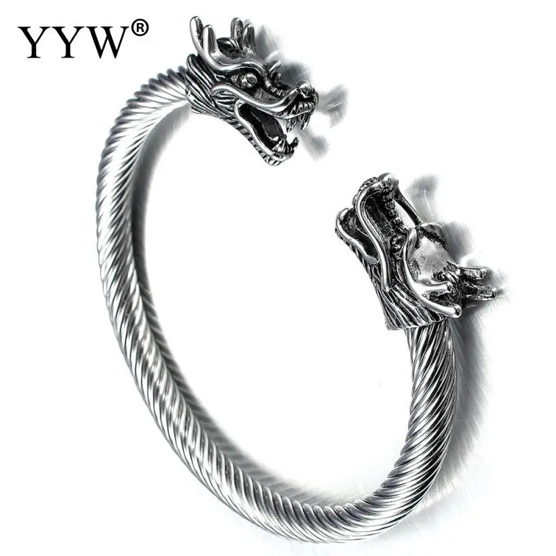 YYW Double Head Dragon Terminal Bracelet for Men Stainless Steel Twisted Cable Cuff Bangle Adjustable Elastic Male Jewelry Bag