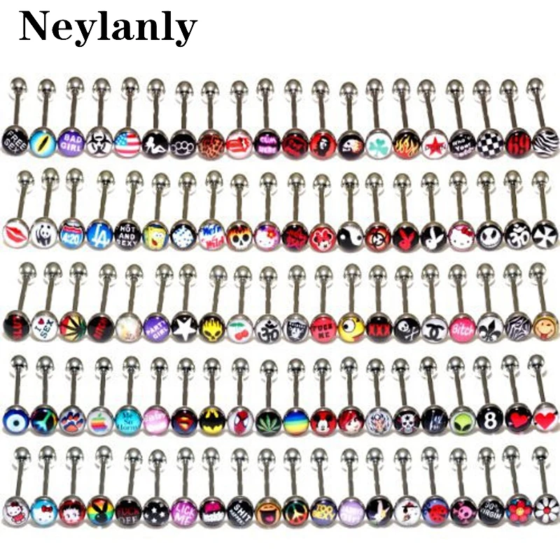 

10PCS Mix Logo Tongue Piercing Barbell Bars Steampunk Women Piercing Tongue Rings Stainless Steel Fashion Body Jewelry T0001