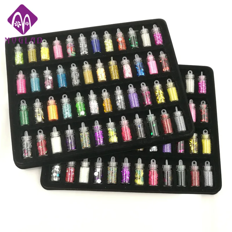 48 bottles/pack nail glitter powder fitness women decoration crush shell pearl beads mini bottle nail art charm