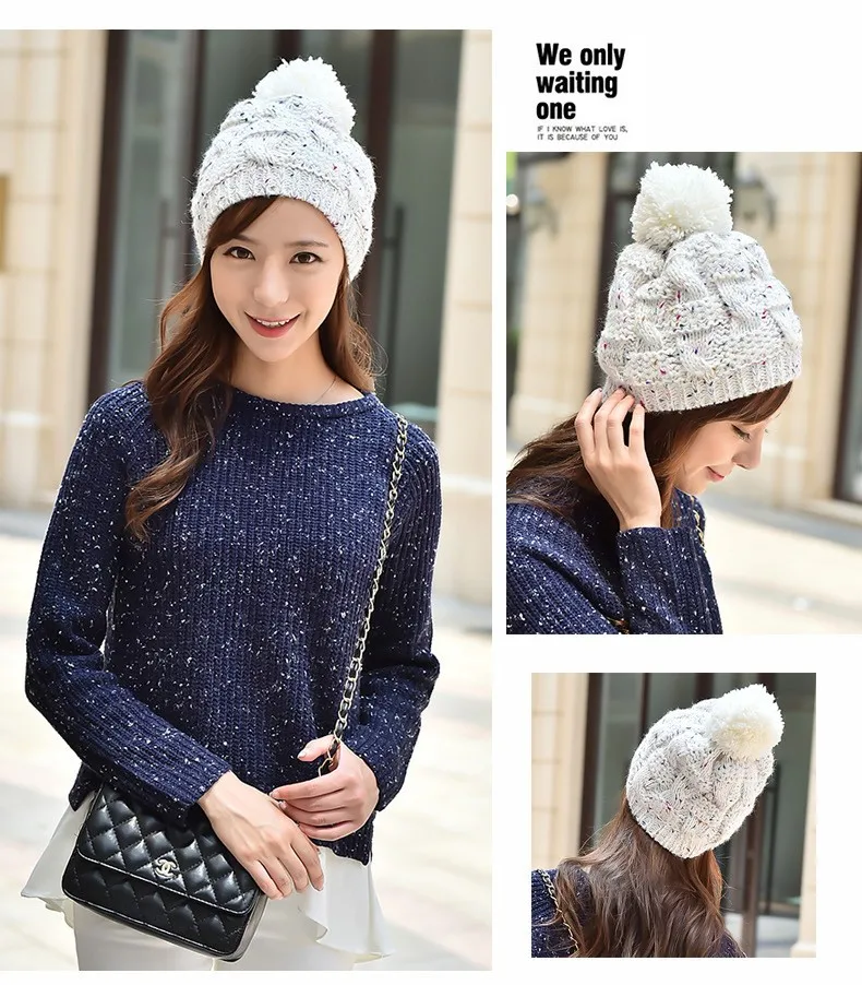 2015 New Autumn and Winter Thick Warm Solid Knit Women Hat Female Cap with lint (8)