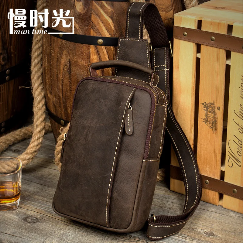 

Slow time original vintage Crazy Horse chest pack bag handmade leather bag leather Crossbody Bag leisure female chest