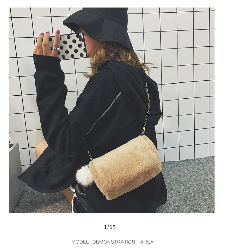 Hot Barrel Shaped Bag Velour Female Chain Handbag Fur Ball Women Purse Crossbody Messenger Shoulder Bags Sac A Main mujer bolsa(13)