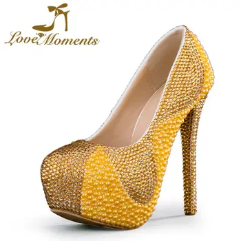 

Gorgeous Lady Formal Dress Shoes Yellow Pearl with Champagne Rhinestone Wedding Party Shoes 5 Inches High Heel Prom Pumps
