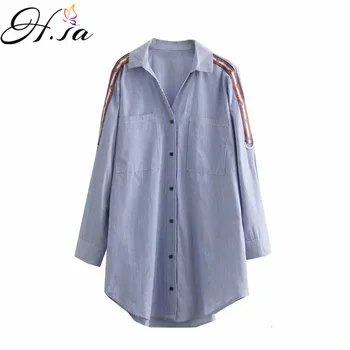 

H.SA Spring Summer 2019 Women Long Striped Blouses Blue White Striped Casual Long Shirts Button Striped Turn Down Collar Blusa