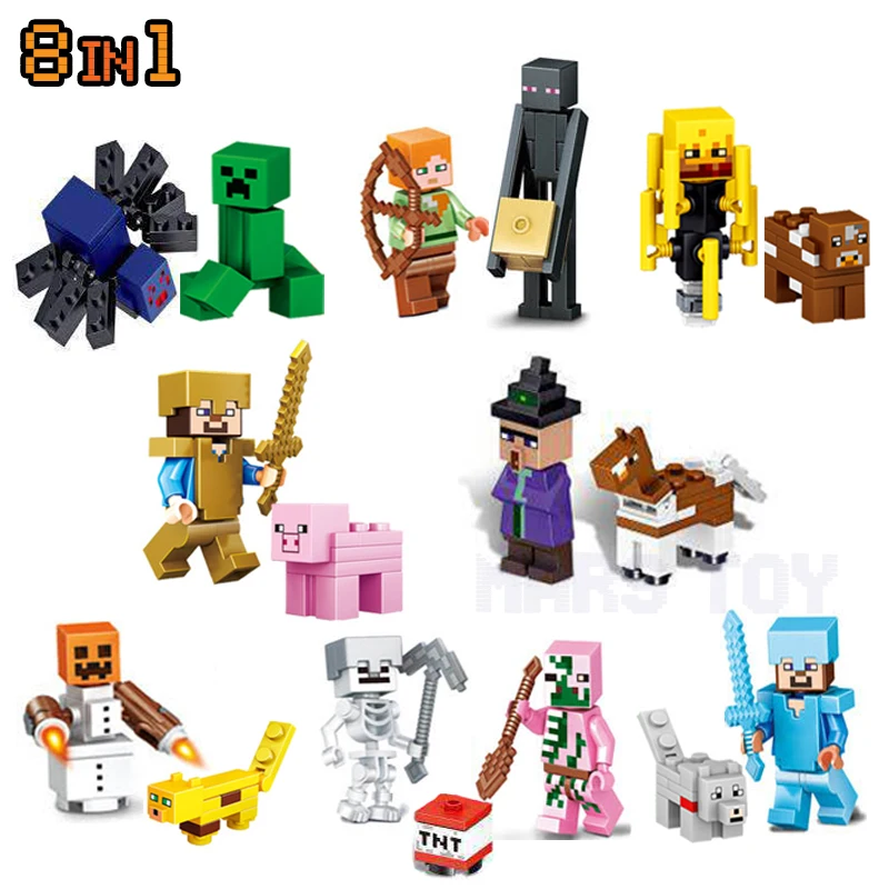 

HOT Minecrafted Action Figures Toys Steve Zombie Alex Witch Zombie Skeleton Compatible LegoINGlys Blocks