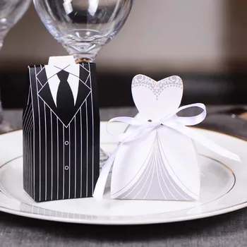 

100Pcs Bridal Gift Cases Groom Tuxedo Dress Gown Ribbon Wedding Favor Candy Box Sugar Case Wedding Decoration Mariage Casamento