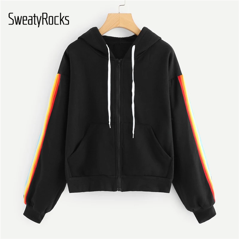 SweatyRocks Черная куртка в радужную полоску с длинным рукавом на шнурке с капюшоном на молнии осеннее женское повседневное пальто