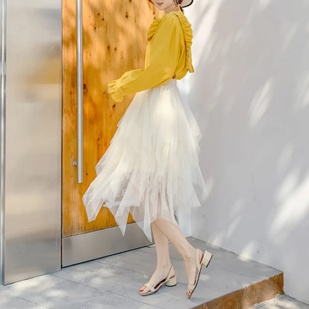 

2019 Women's skirt 2019 Fashion Women Spring High Elastic Waist Mesh Tutu Skirt Irregular Long Skirt 4.29