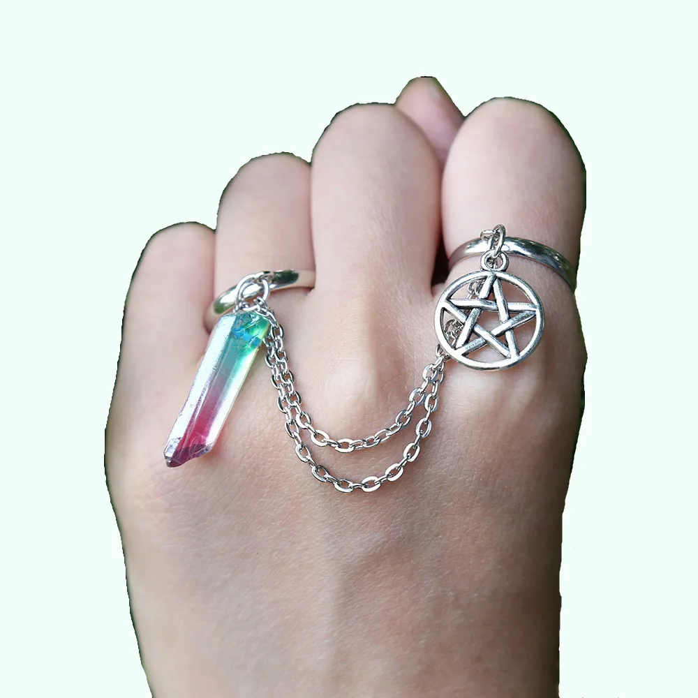 

Crystal Pendant Witch Ring Five-Star Charms Ring Adjustable Double Finger Ring Glass Gem Chain Link Knuckle Ring For Women Party