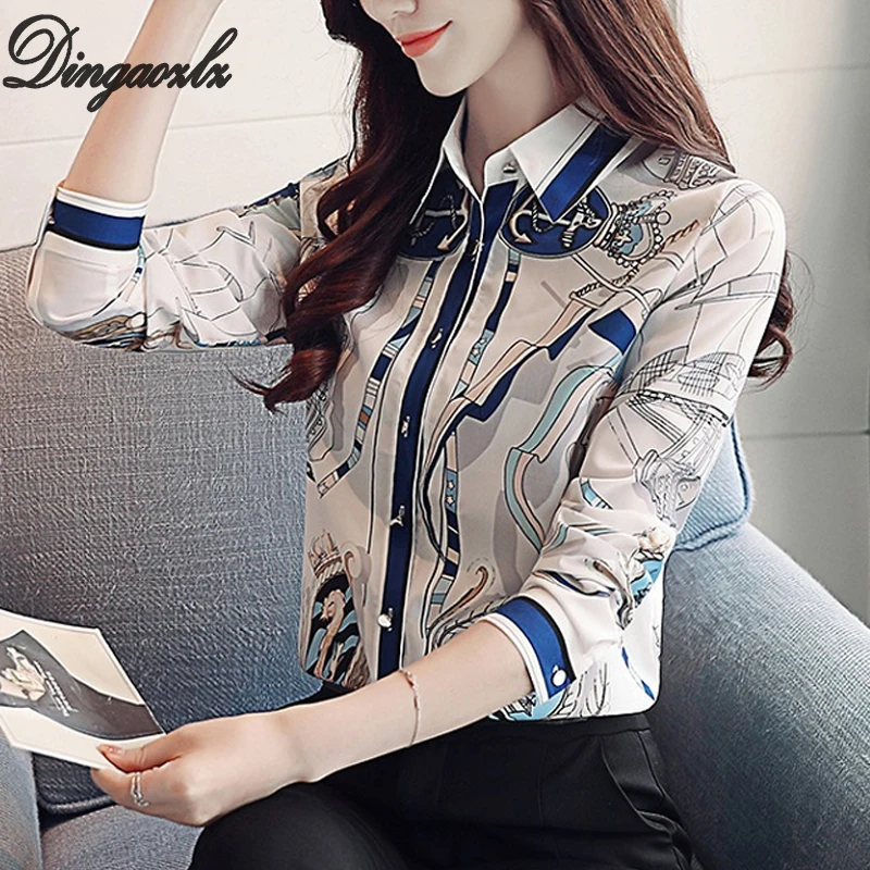 

Dingaozlz Fashion Chiffon Blouse shirt Long sleeved Office Lady shirt Autumn Brand Tops Casual Turn-down collar Women clothing