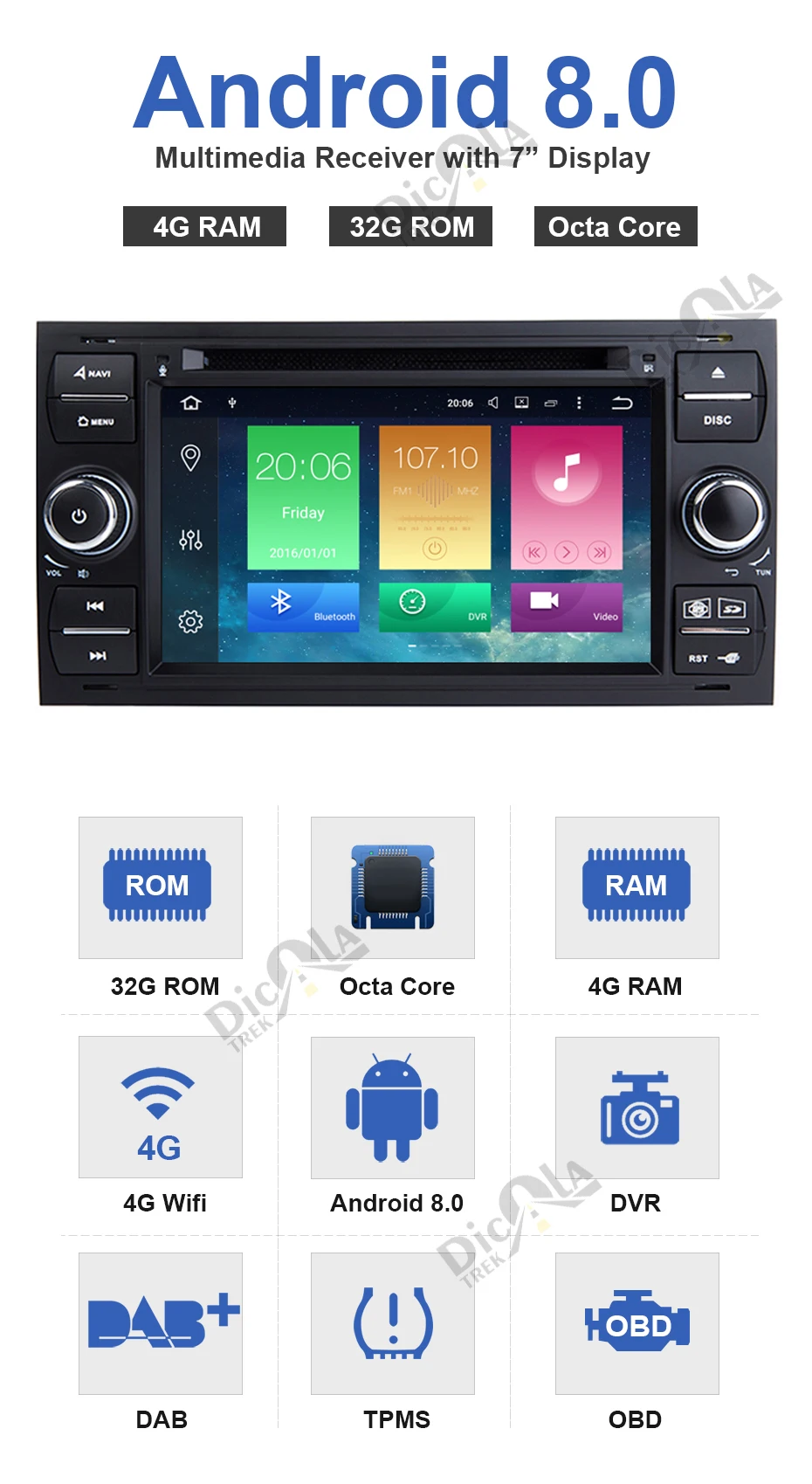 Perfect 7inch Octa Core Android 8.0 4G RAM 2 din Car DVD PLAYER For Ford Mondeo S-max Focus C-MAX Galaxy Fiesta Form Fusion Radio stereo 3