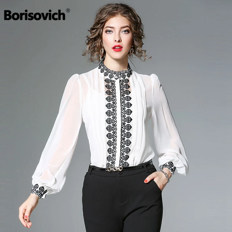  Borisovich Office Lady Elegant Chiffon Blouses New Brand 2018 Autumn Fashion Luxury Embroidery Wome