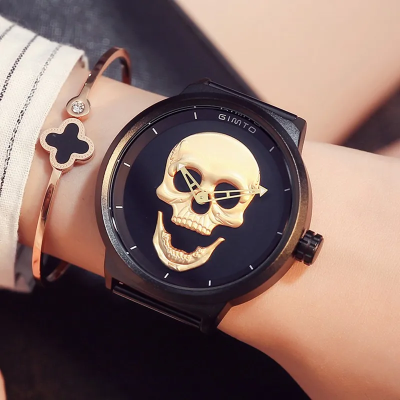 Creative Skull Pattern Casual Women Watches Gold Skeleton Stylish Top Fashion Trend Black Quartz Lady Wristwatch Party Gifts