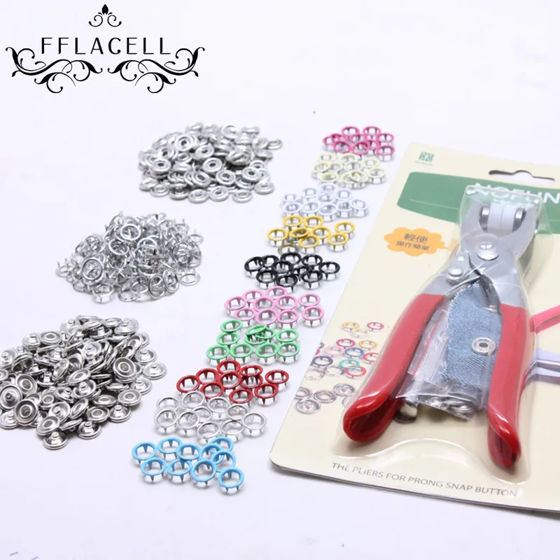 

FFLACELL Mixed 10 colors 10sets/color 9.5 MM hollow color buckle metal five claws snap button + 1pcs snaps plier