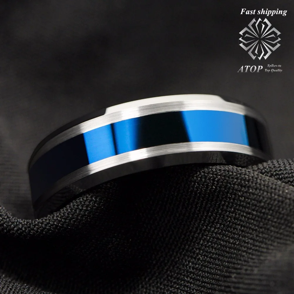 8MM Men's Jewelry Tungsten Carbide Rings Blue Center silver Brushed Edge Rings Free Shipping