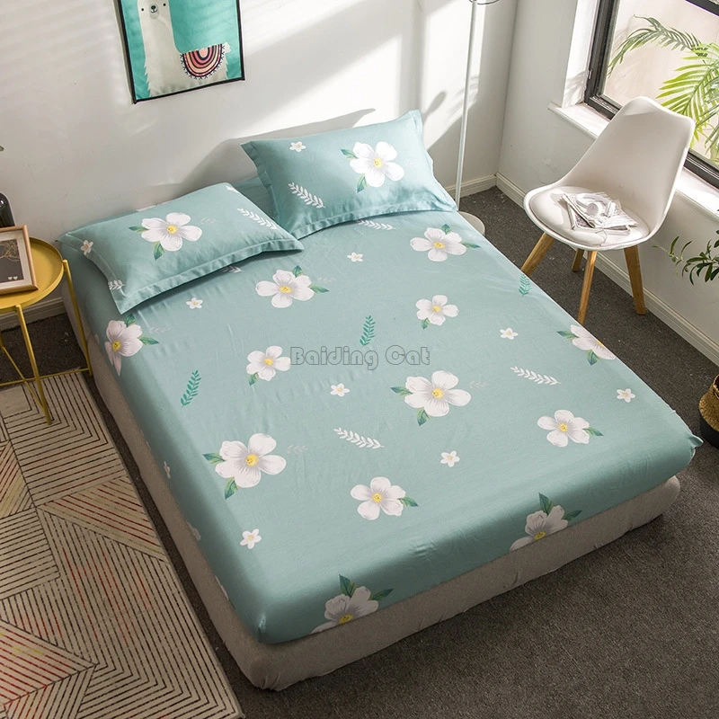 Spring Green Flower Bedding Set 100% Cotton Fitted Sheet Twin Full Queen Bed Sheet with Elastic Band Mattress Cover Protector