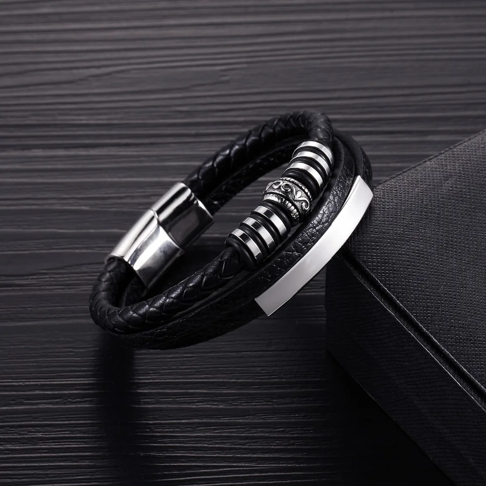 Гламурный модный кожаный браслет мужской тканый многослойный веревочный браслет из нержавеющей стали с магнитной пряжкой мужской браслет мужские подарки
