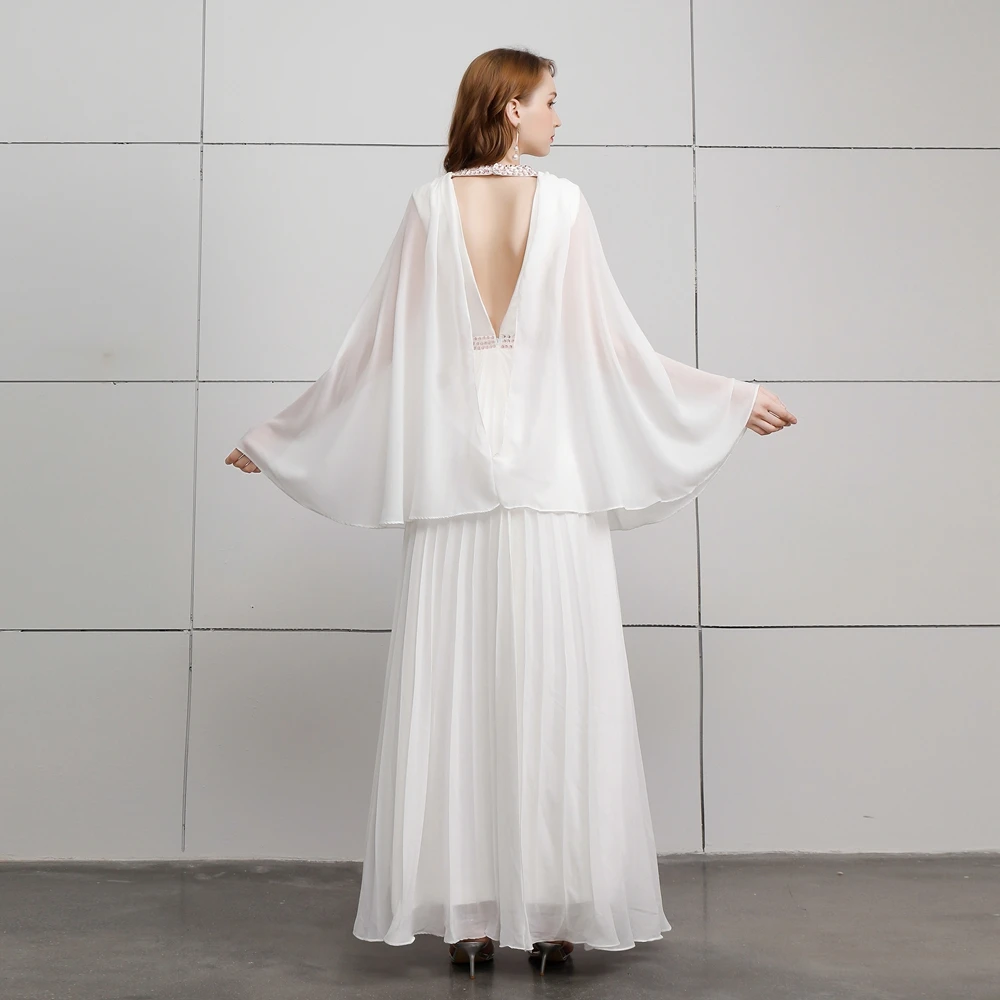 SSYFashion Новое Вечернее Платье Банкетный элегантный v-образный вырез Белый Бисероплетение с шалью длиной до пола Вечеринка халат De Soiree