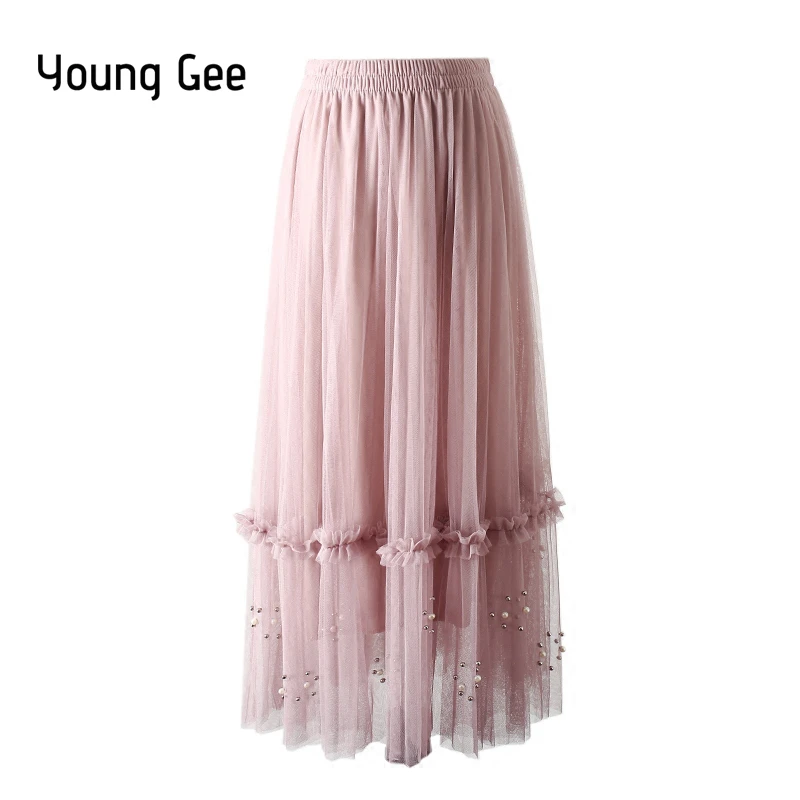 Young Gee Тюлевая юбка для женщин Весенняя сетчатая юбка-пачка с серебристым жемчугом и бисером плиссированная юбка с эластичной резинкой на талии с кружевной отделкой