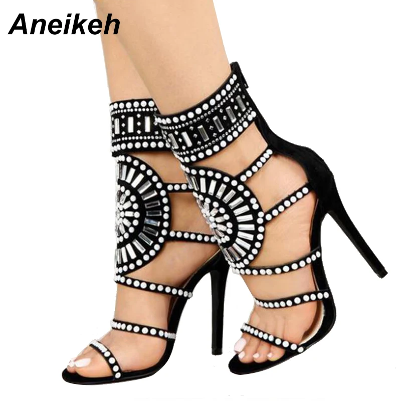 Goede Aneikeh Vrouwen Mode Open Teen Strass Ontwerp Hoge Hak Sandalen Crystal Ankle Wrap Glitter Diamond Gladiator Zwart Maat 35  40
