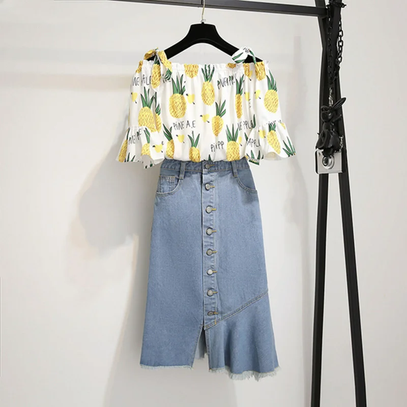 

Summer Women's Two Pieces Set Slash Neck Pineapple Print Flare Sleeve Blouse Tops and Fishtail Denim Skirts Sets