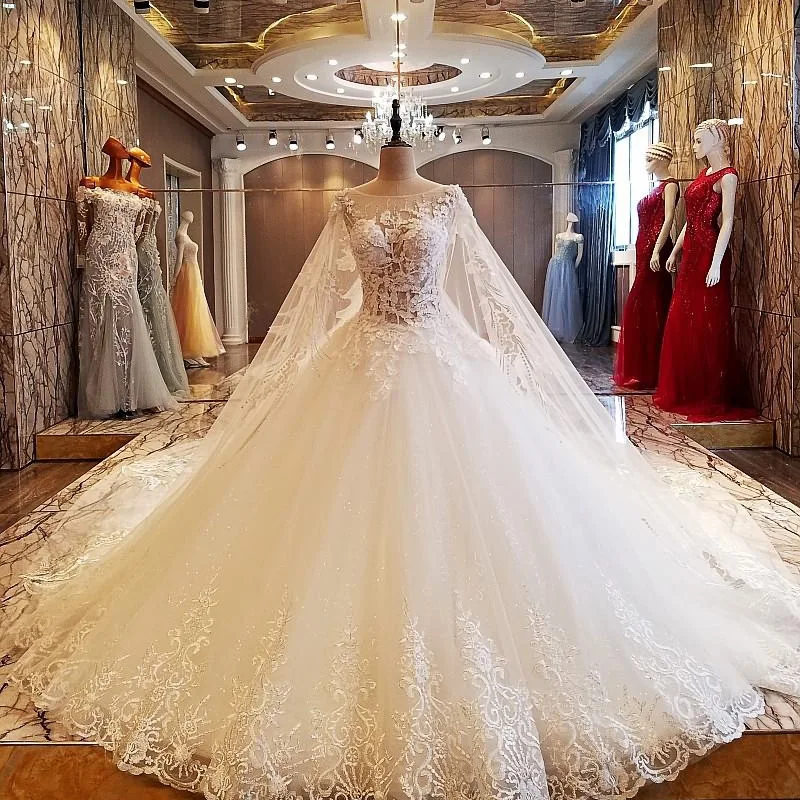 New Luxury Wedding Dress High grade The Bride Princess White Lace Flower with Long Trailing Veil