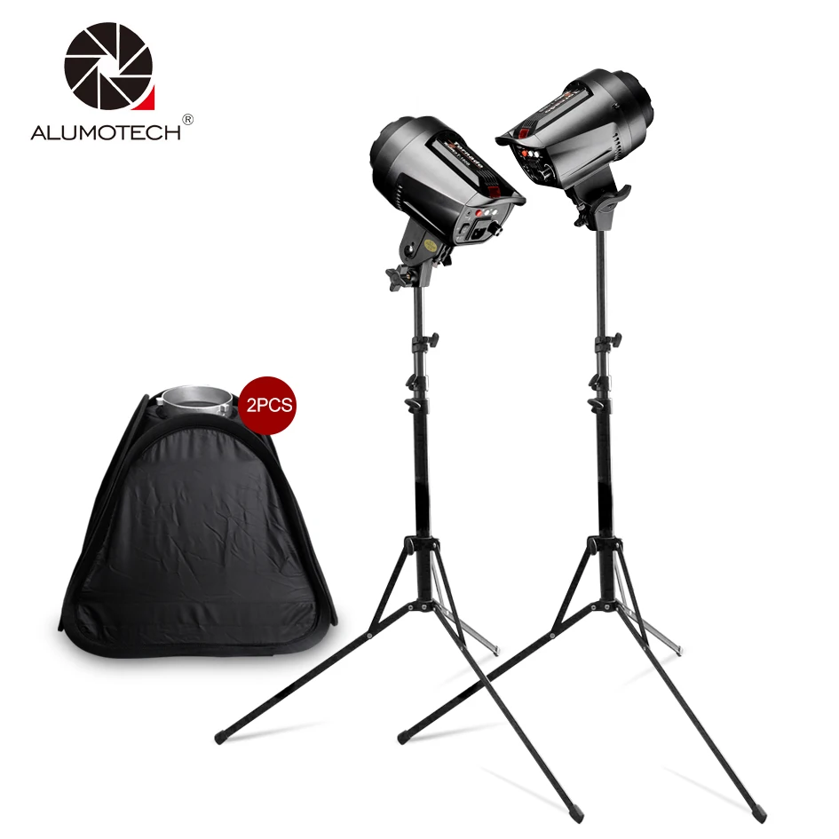 US $339.00 ALUMOTECH 5500K 255WX2 Bowens Mount Stepless Dimming FlashLightStandX2Softbox2 For Studio Video Photography Camera Accessories