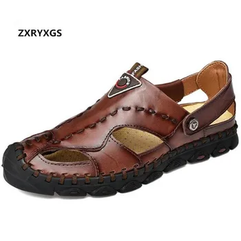 

Large Size Men Sandals Beach Shoes 2019 New Baotou Outdoor Genuine Leather Sandals Handmade Sewing Casual Shoes Fashion Sandals