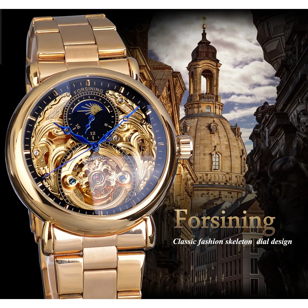 Forsining дизайн Moonphase золотые турбийонные автоматические механические часы мужские часы из нержавеющей стали лучший бренд класса люкс