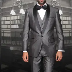 Итальянский изготовление под заказ Серый Жених костюмы черный отворот одна кнопка куртка + Брюки для девочек + галстук + жилет 2017 мужские