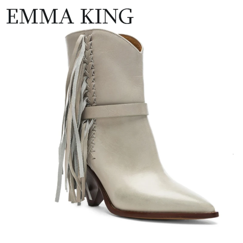 

White Ankle Boots For Women Fringes Cowboy Boots Pointed Toe High Heel Boots With Tassels Strange Style Sexy Show Fashion Shoes