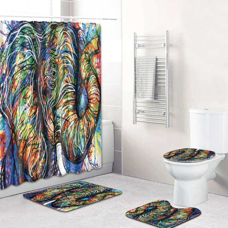 

Nordic Painting Elephant Waterproof Bathroom Decor Bath Curtain Non-slip Flannel Toilet Carpet Rugs Bath Mat Shower Curtain Set