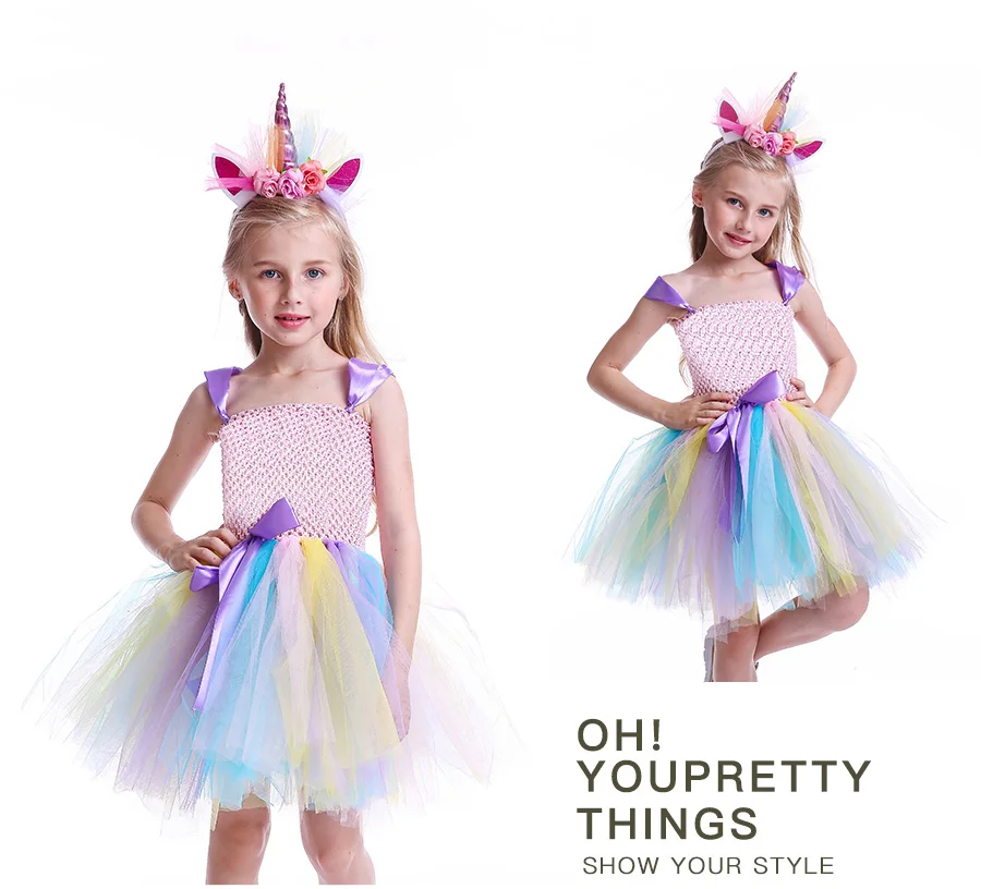 Handmade Horse Pattern Girls Tutu Dress for Halloween Dress Up Party Kids Rainbow Flower Dress with Unicorn Headband 2-12Y (7)