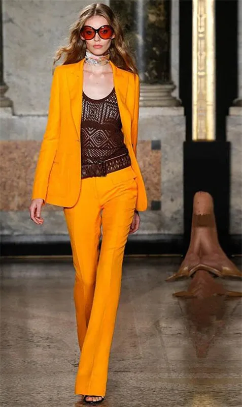 Оранжевый заостренный лацкан Бизнес Брюки Костюмы для женщин дамы Однобортный блейзер с брюками женская работа брючный костюм на заказ - Цвет: 014