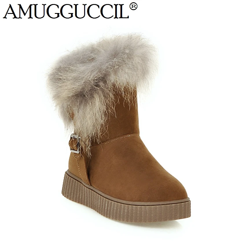 

2016 New Plus Big Size 34-43 Black Yellow Beige Fashion Warm Rabbit Fur Girls Females Lady Flats Womens Winter Snow Boots X1559