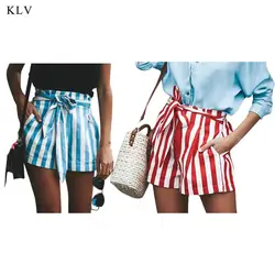 KLV/Для женщин Повседневное Высокая оборка талия с завязкой полосатый принт летние шорты