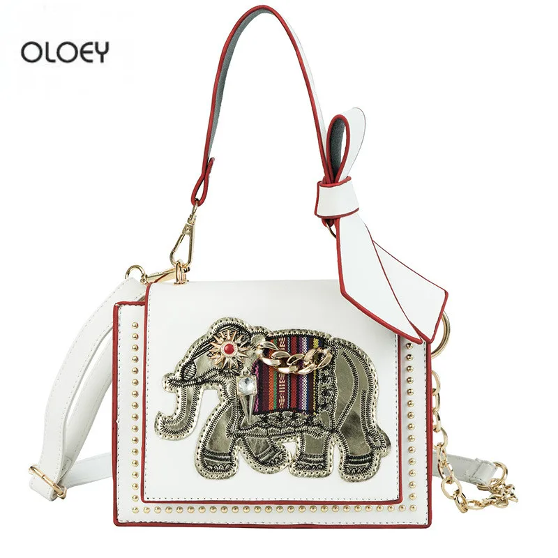 

OLOEY New women's rivet animal embroidery small square bag fashion bow wide shoulder strap handbag single shoulder Messenger bag