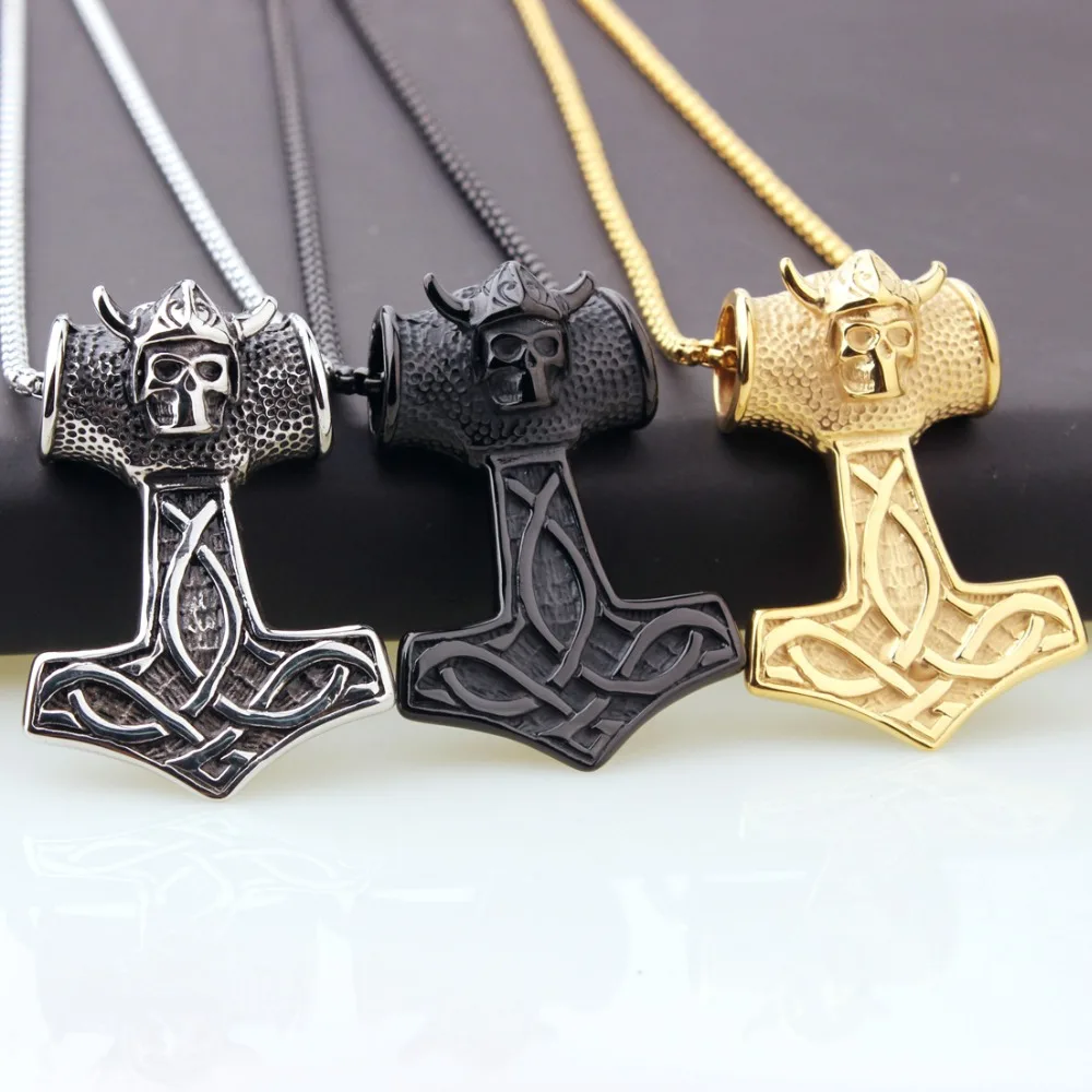 Stainless Steel New Design Punk Viking Mjolnir Rune Thor Hammer Amulet Box Chain Vintage Skeleton Pendant Necklace Men Jewelry | Украшения