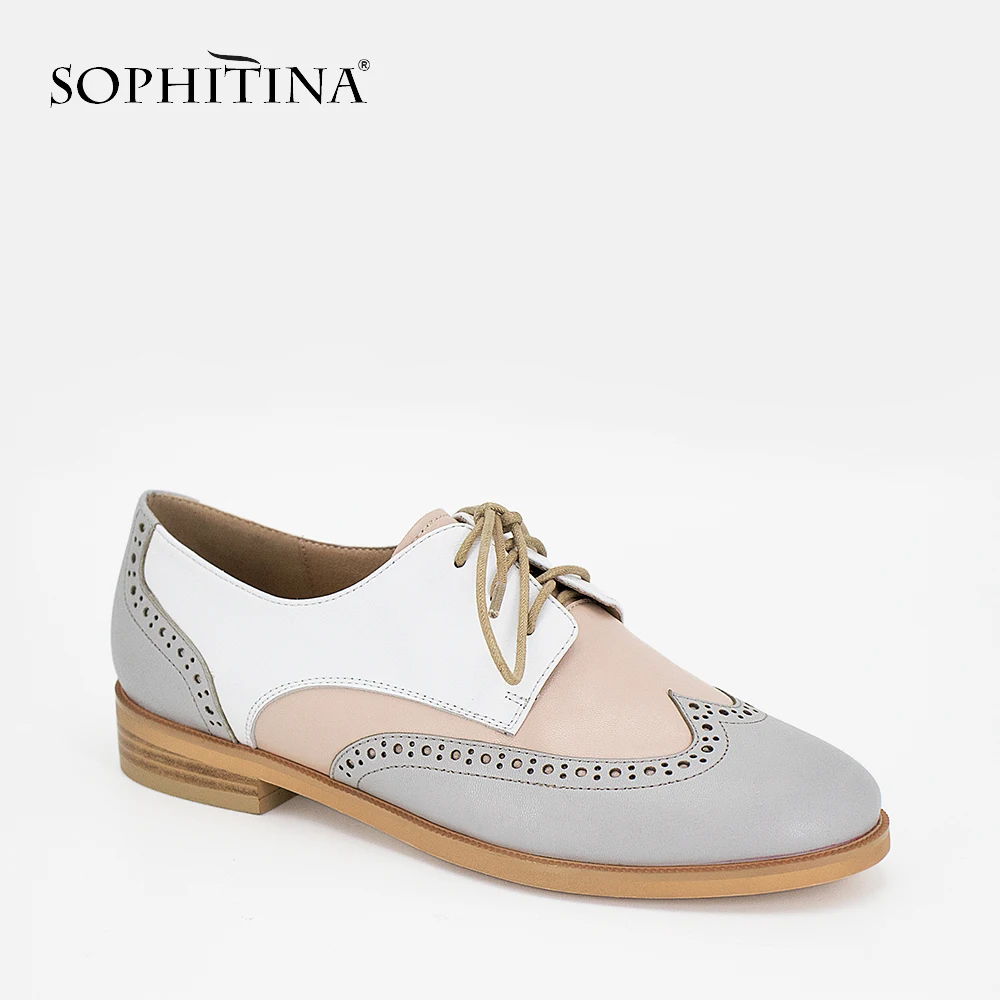 

SOPHITINA Oxford Woman Shoes High Quality Genuine Leather Mixed Colors Flats Vintage Round Toe Lace-up British Style Shoes P28